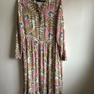 Anthropologie Floral Long Sleeve Midi Dress in Cream, Pink & Mustard